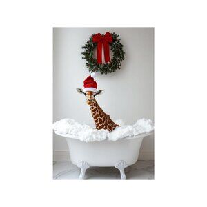 Cute Giraffe Bathing in Bathtub Unframed Canvas Wall Art  24" X 36"